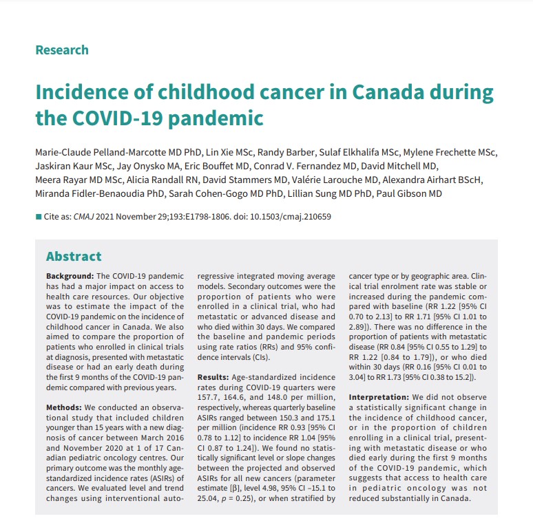 Incidence of childhood cancer in Canada during the COVID-19 pandemic